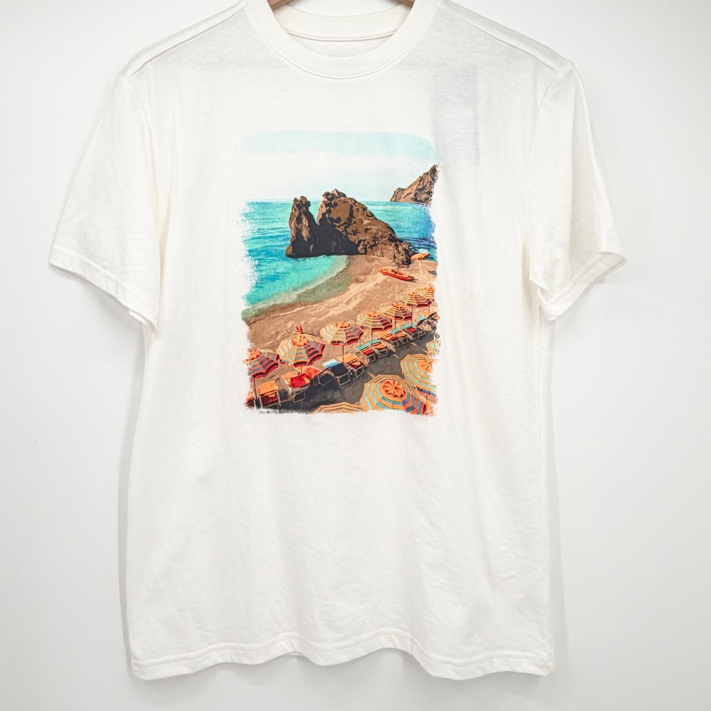 Goodfellow & Co Mens White Graphic T-Shirt Beach Scene Coastal Small NWT